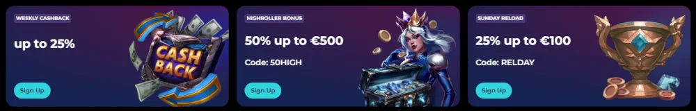 Offres promotionnelles HighFly incluant cashback hebdomadaire, bonus highroller et recharges du dimanche.